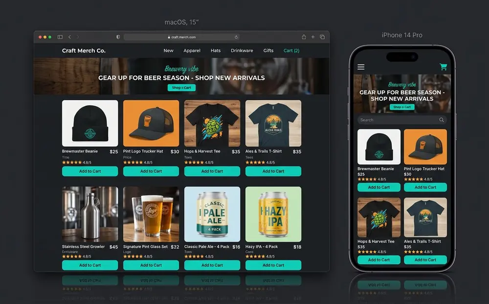 E-commerce merch storefront with product grid and cart on desktop and phone