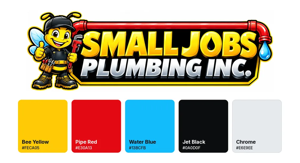 Small Jobs Plumbing Inc. logo, a bee mascot in a cap holding a pipe wrench beside bold yellow and chrome lettering under a red pipe, with the brand color palette: Bee Yellow, Pipe Red, Water Blue, Jet Black and Chrome
